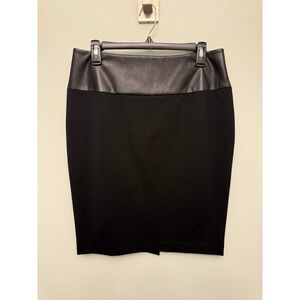 Calvin Klein Skirt Women's 10 Black Pencil Faux‎ Leather Trim High Waist Sleek